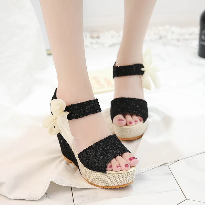 Women sandals Lace Leisure Women Wedges Heeled Women sandals Summer Sandals Party Platform High Heels Shoes Woman black