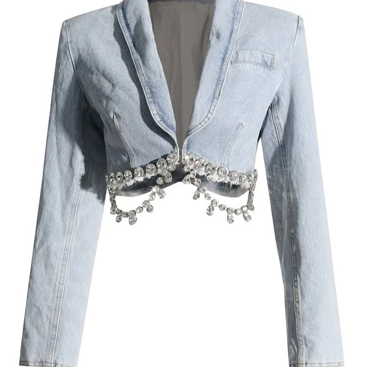 Spliced Diamonds Tassel Denim Two Piece Set For Women Lapel Long Sleeve Coat High Waist Mini Skirt Fashion Set 2023 LIGHTBLUE TOP