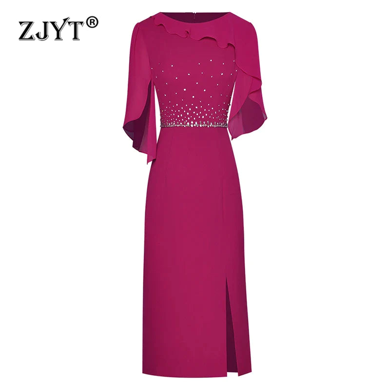 Summer Luxury Beading Cocktail Party Dresses for Women Elegant Fashion Ruffle Rose Red Dress Straight Knee Length Robe