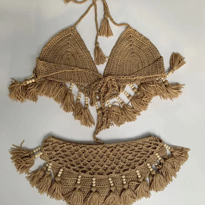 Sexy Crochet Bikinis Set Women Handmade Beading Tassel Knitting Bathing Suit Swimsuit 2021 New Micro Swimwear Summer Beachwear