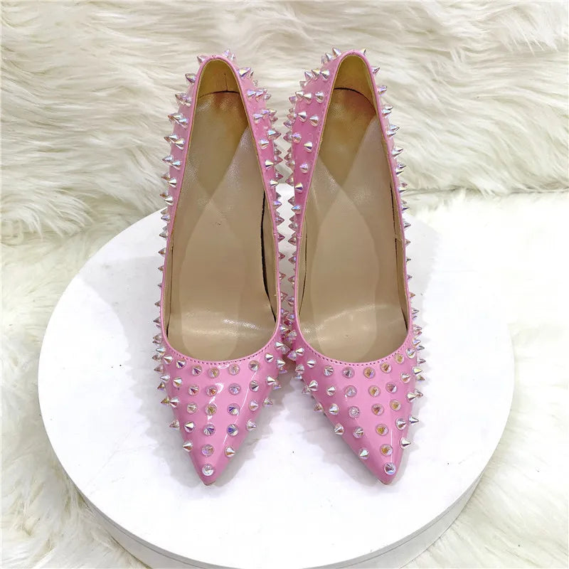 Shiny Spikes Women Patent Pink Pointy Toe Sexy High Heel Party Shoes Rivets Studs Ladies Slip On Stiletto Pumps 8-12cm Pink 8cm Heel