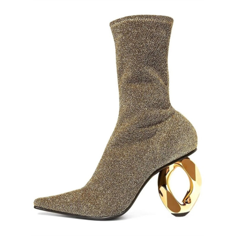 Spring and Autumn Women's New Metal Shaped High Heels Fashion Pointed Short Boots Sexy Model Show Large Women's Boots