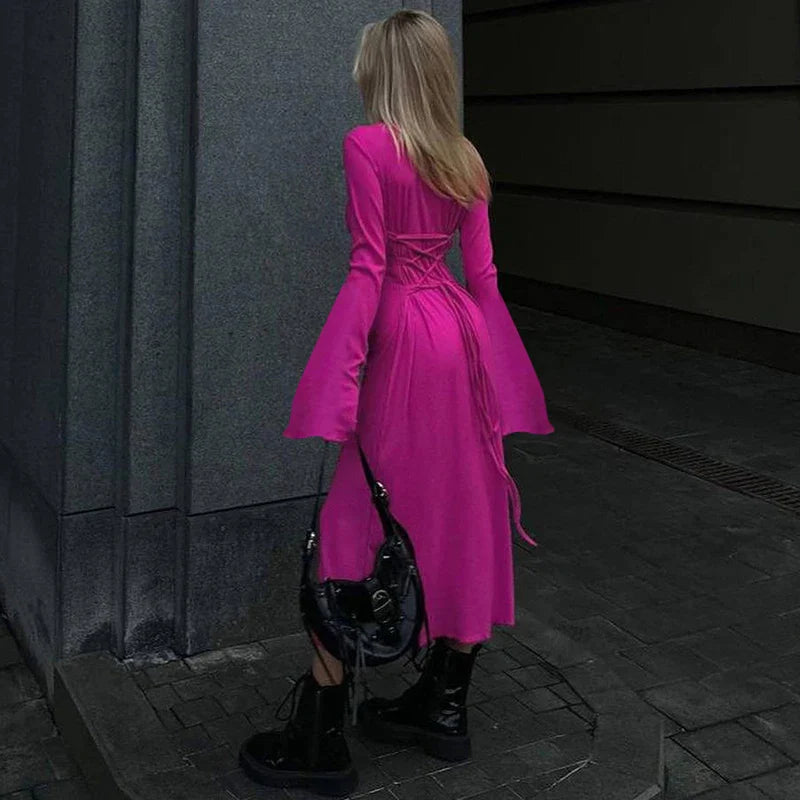 Solid Ribbed Trumpet Sleeves Maxi Dress Back Lace-Up Straps Elegant Casual 2023 Autumn Winter For Women Birthday Rose Red