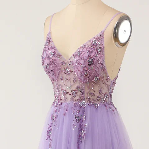 Gorgeous Evening Dresses for Women Sexy V Neck Crystal Beaded Beads Backless Spaghetti Straps Formal Purple Prom Gown