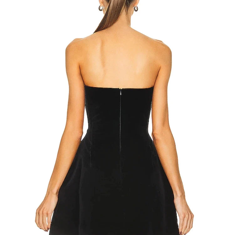 Sexy Strapless Heart Shape Crystal Design Mini Dress Women Black Velet Red Heart Diamond Design A-line Dress Evening Party Club