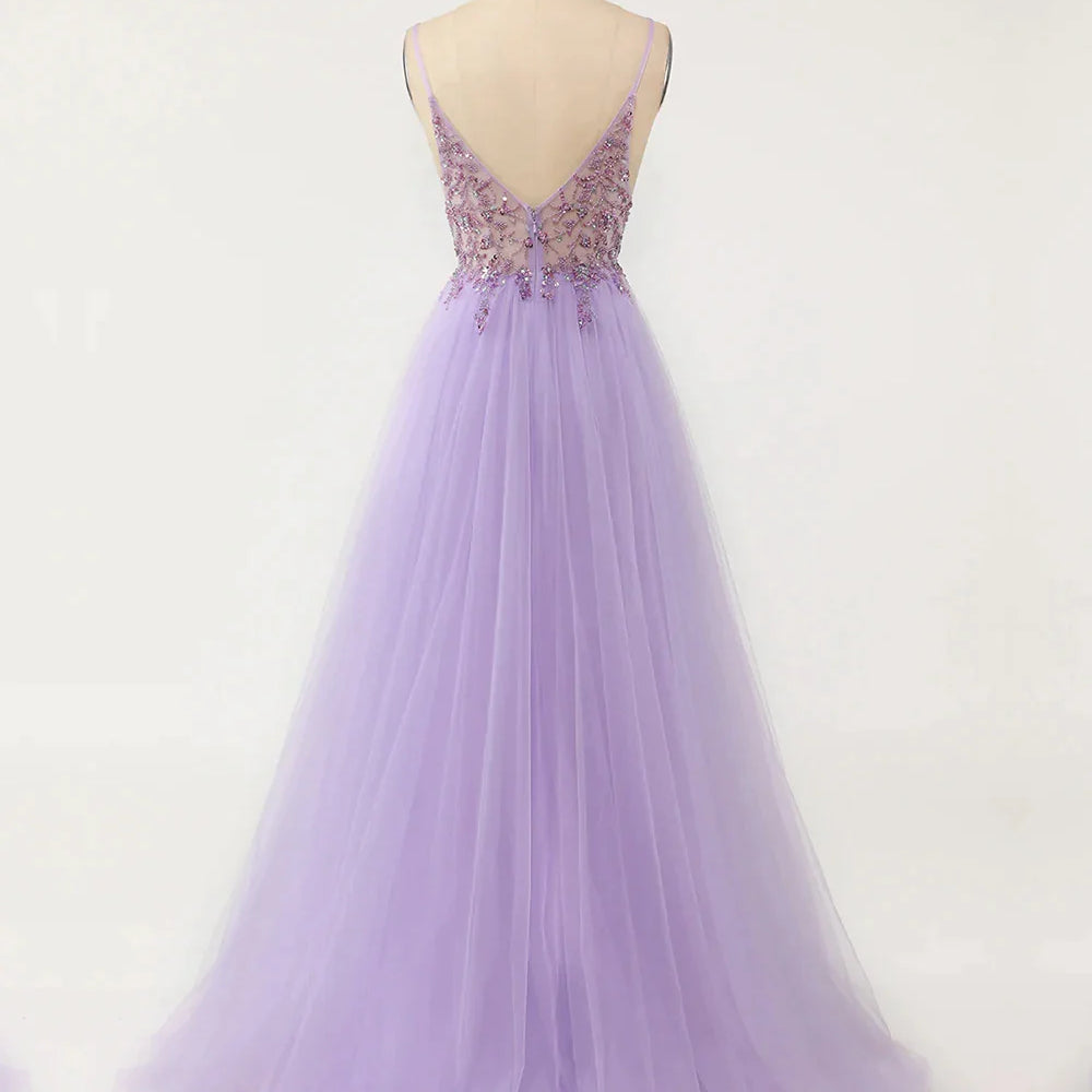 Gorgeous Evening Dresses for Women Sexy V Neck Crystal Beaded Beads Backless Spaghetti Straps Formal Purple Prom Gown