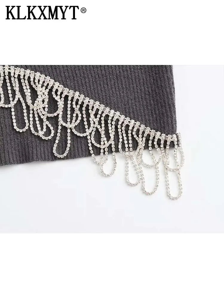 Women Fashion V Neck Ribbing Knitting Short Blouse Female Hem Diamond Tassel Slim Shirt Female Chic Blusas Tops
