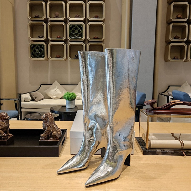 Women's New Pointed Thick Heel Sleeve Knee High Boots Fashion Fashion Show Gold Large Winter Boots