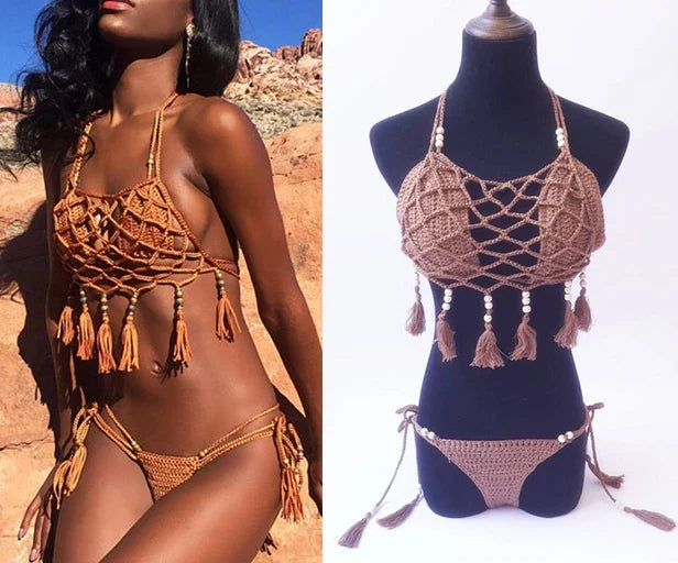 Sexy Crochet Bikinis Set Women Handmade Beading Tassel Knitting Bathing Suit Swimsuit 2021 New Micro Swimwear Summer Beachwear 41
