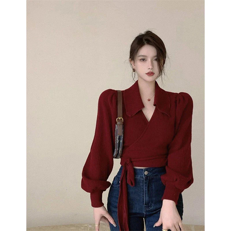 Vintage Cropped Sweater Women Bandage Knitted Pullovers Streetwear Korean Lantern Sleeve Knitwear Elegant Bodycon Jumpers