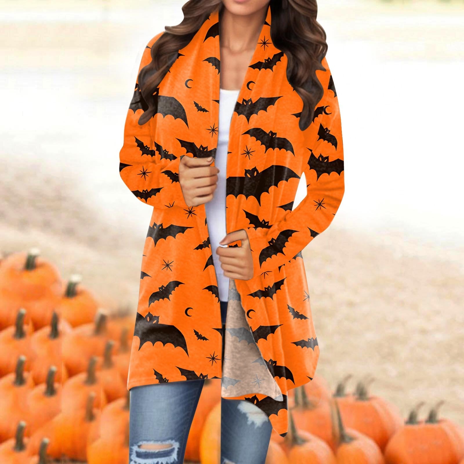 Women Halloween Cardigan Coat Fashionable Pumpkin Animal Cat Vat Printing Jacket Long Sleeve Coat Female Autumn Winter Clothes