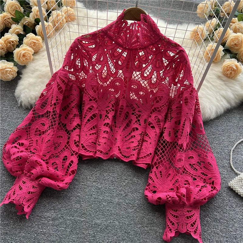 Sexy Lace Hollow Out Short Blouse Casual Lantern Long Sleeve Stand Collar Shirts Female Elegant Red/Pink/White Loose Tops Fuchsia One Size