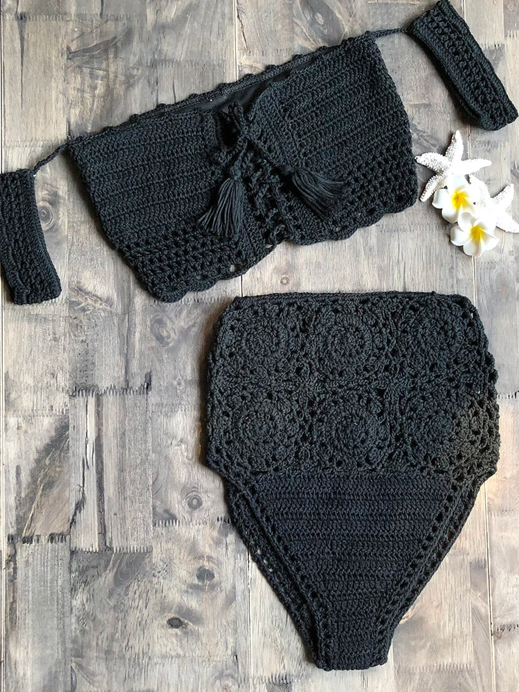 Crochet High Leg Bandeau Bikini Set Swimwear Female Two Pieces Swimsuit High Waist Bikini Women Bathing Suit Biquini 2019 New Black