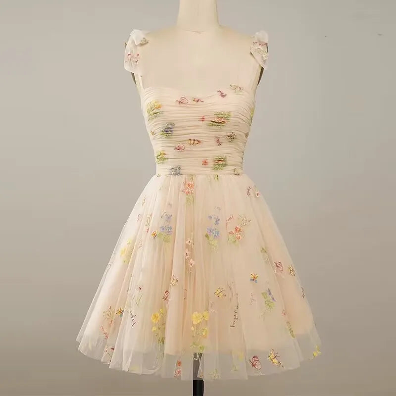 Fairy Forest Green Short Prom Dresses Spaghetti Straps Colorful Flowers Lace Evening Party Champagne