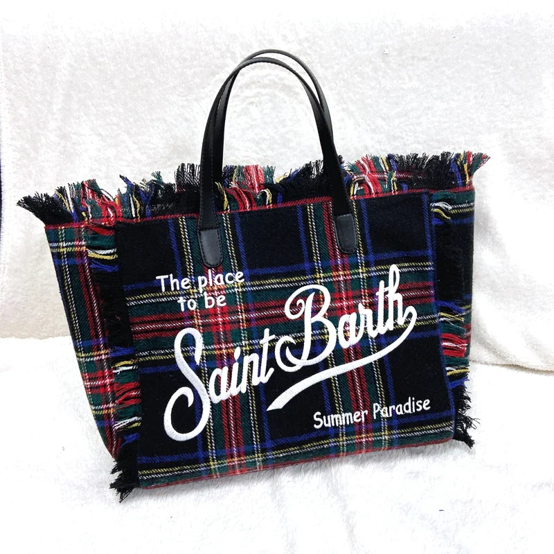 Tote Bags For Women 2024 New Luxury Handbags Embroidered Letter Spliced Triped Plaid Tassel Woolen Bag Fashion Large Bags