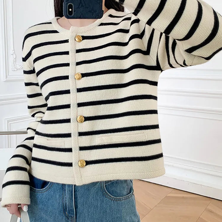 Spring Autumn Stripes Knit Cardigan Womens Elegant Long Sleeve Single Breasted Short Coat Ladies O-neck Apricot Knitted Sweaters