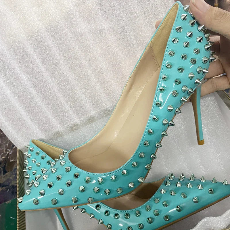 Shiny Spikes Women Patent Pink Pointy Toe Sexy High Heel Party Shoes Rivets Studs Ladies Slip On Stiletto Pumps 8-12cm Green 12cm Heel
