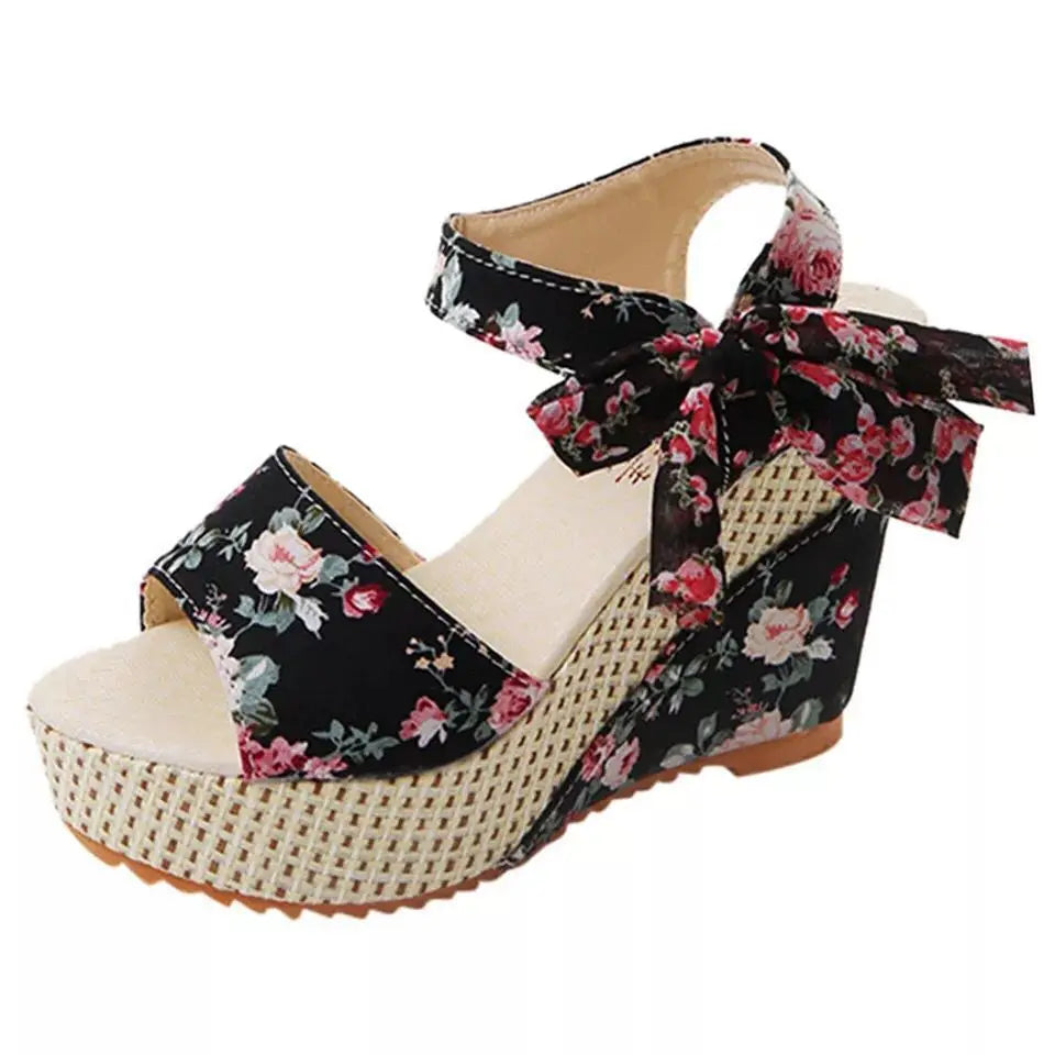 Women sandals Lace Leisure Women Wedges Heeled Women sandals Summer Sandals Party Platform High Heels Shoes Woman black flower