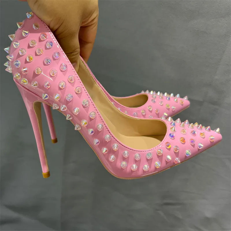 Shiny Spikes Women Patent Pink Pointy Toe Sexy High Heel Party Shoes Rivets Studs Ladies Slip On Stiletto Pumps 8-12cm