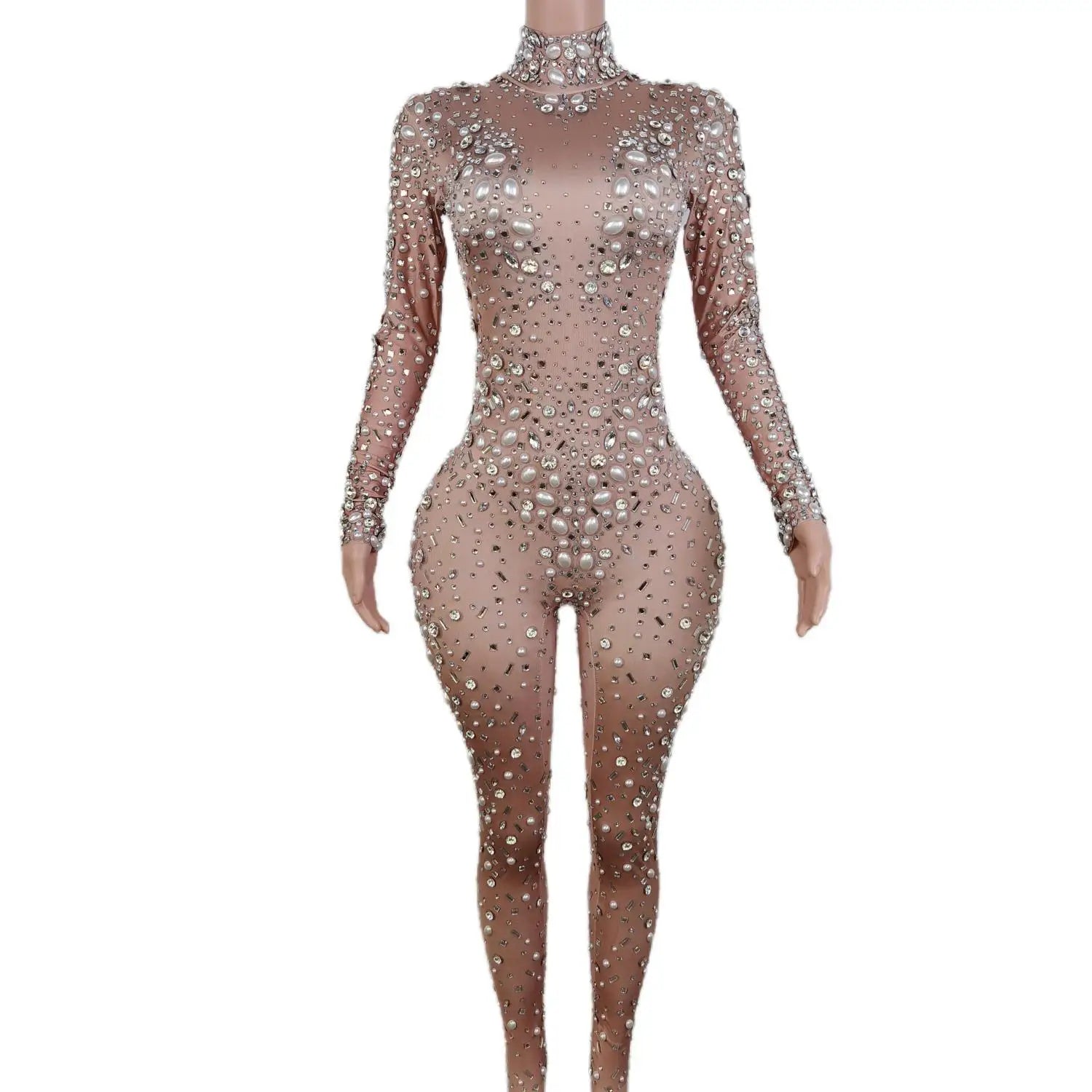 Evening Birthday Celebrate Sexy Rompers Prom Party Singer Costume Show Wear Big Pearl Bling Silver Stones Mesh Jumpsuit Nude Spandex Style