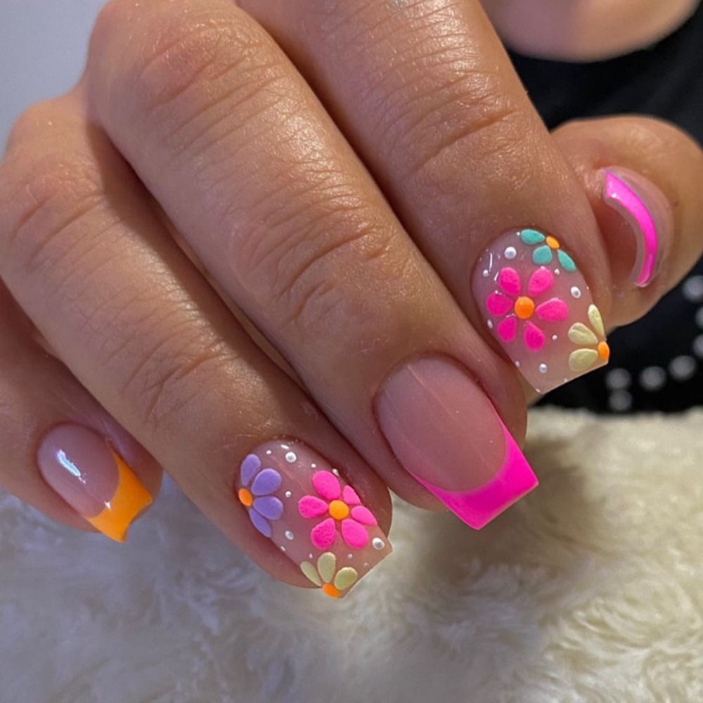 Summer New Square False Nails French Fake Nails With Flower Pattern Designs False Nails Full Cover Detachable Press on Nail Tips 6
