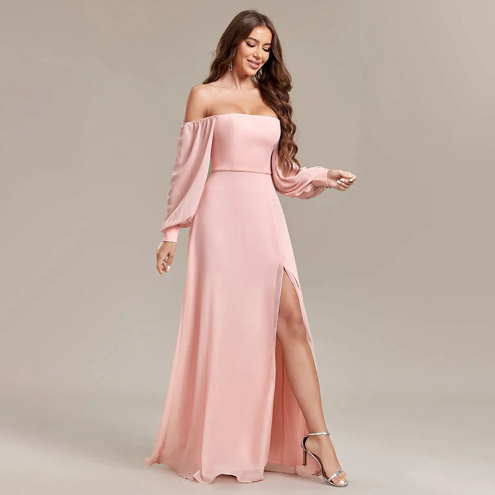 Women Strapless Pink Long Sleeved Bridesmaid Dresses Chiffon Free Wear Square Neck Party Gown Elegant Party Dress For Wedding