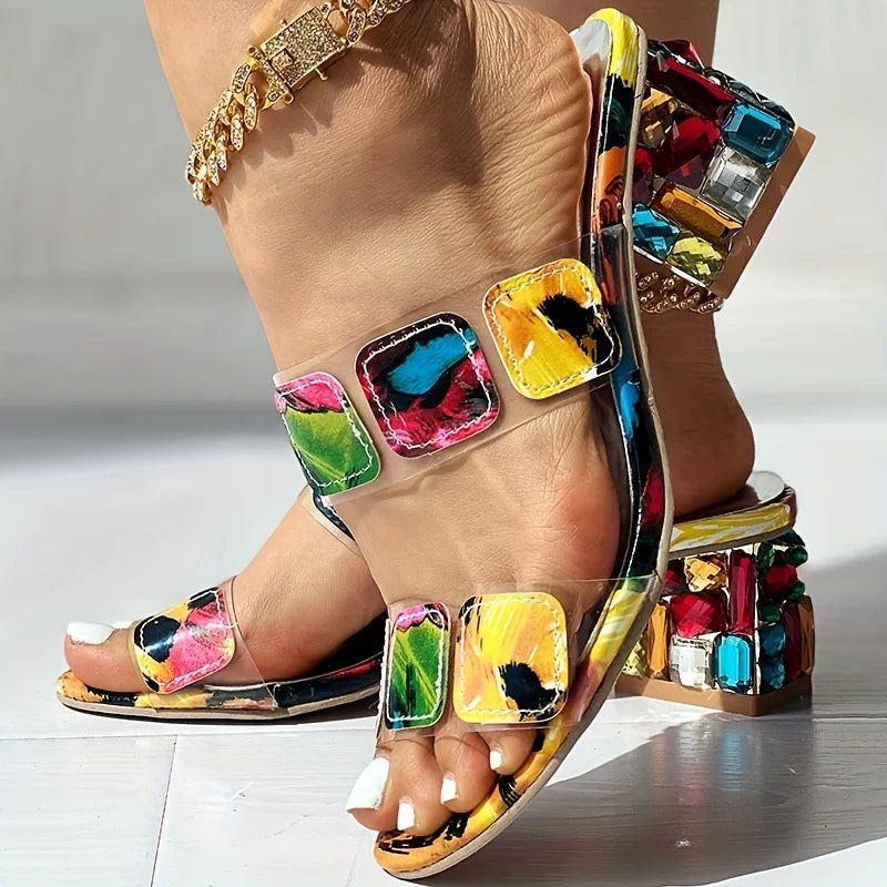 Women Stylish Multicolor Double Strap Sandals with Rhinestone Decor and Block Heel Slip On and Look Fabulous This Summer