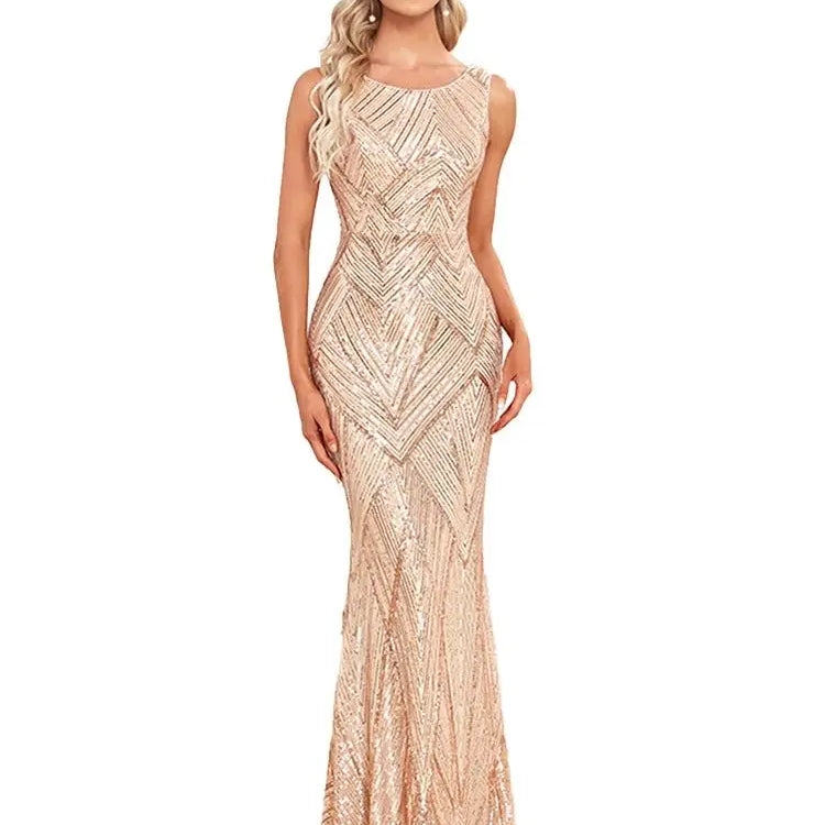 Women's Sleeveless Round Neck Luxurious Party Dress Mermaid Shiny Bright Long Evening Gown Sexy Mermaid Skirt Gold