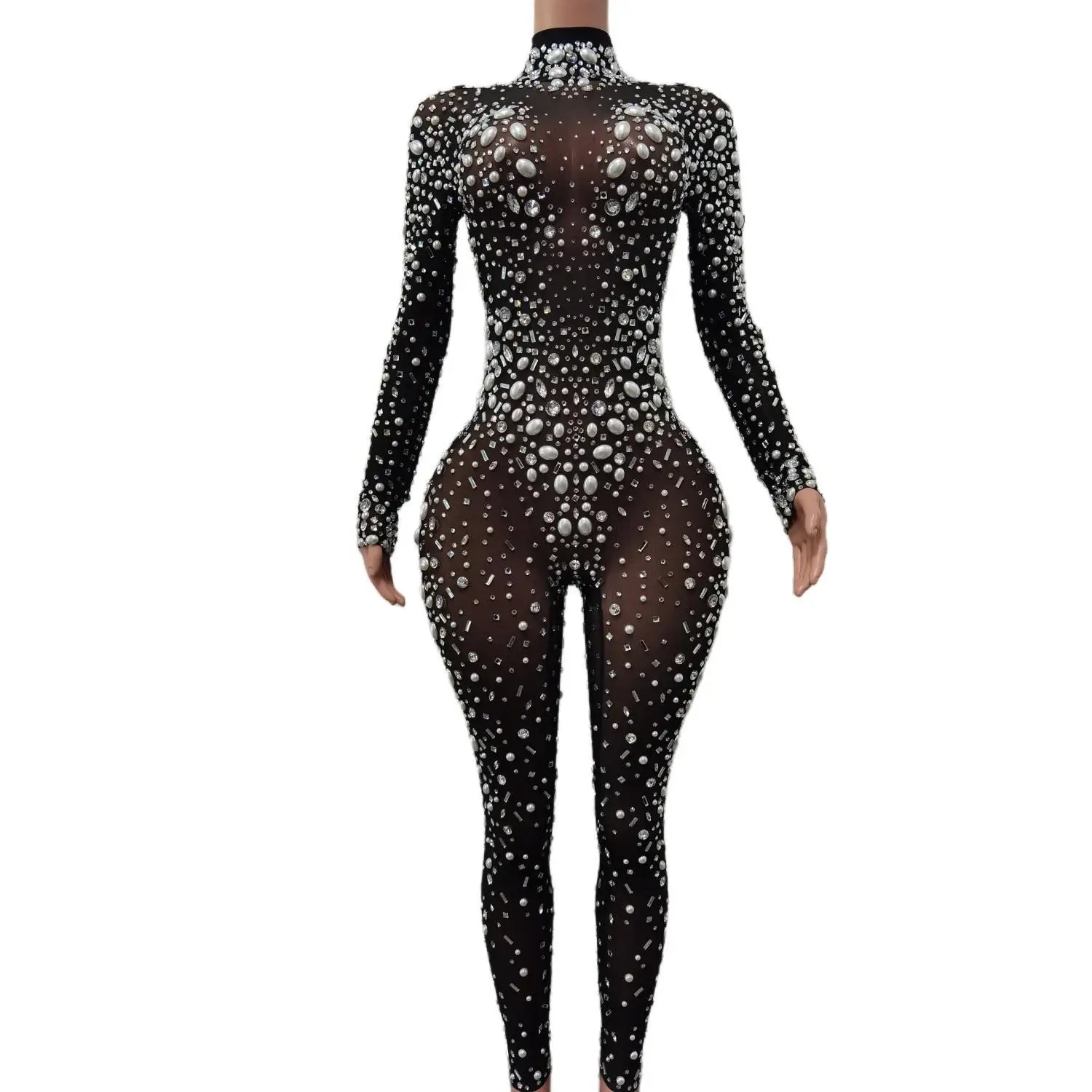 Evening Birthday Celebrate Sexy Rompers Prom Party Singer Costume Show Wear Big Pearl Bling Silver Stones Mesh Jumpsuit Black Mesh Style
