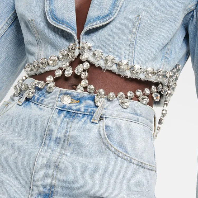 Spliced Diamonds Tassel Denim Two Piece Set For Women Lapel Long Sleeve Coat High Waist Mini Skirt Fashion Set 2023