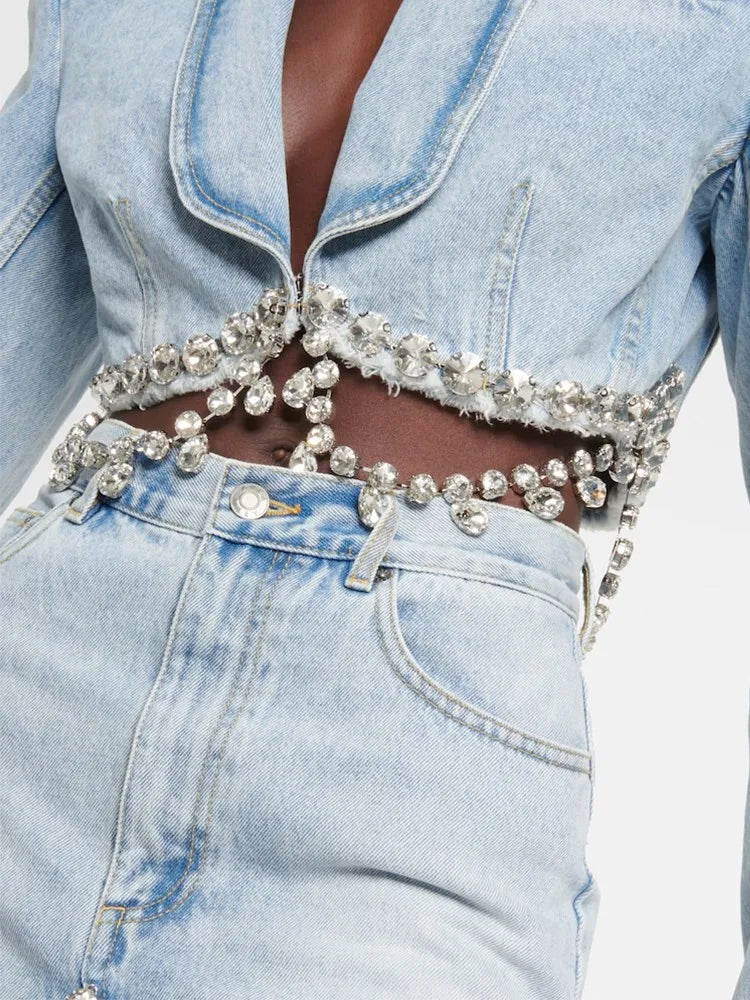 Spliced Diamonds Tassel Denim Two Piece Set For Women Lapel Long Sleeve Coat High Waist Mini Skirt Fashion Set 2023