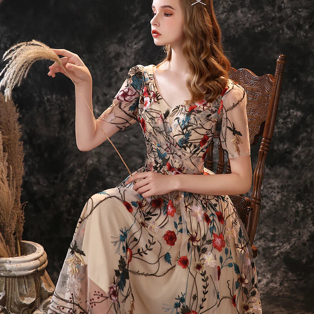 Floral Fancy Tea Length Evening Dresses with Short Sleeves Sexy V Neck Embroidery Flower Prom Gown