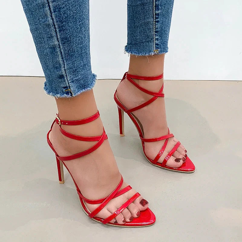 Fine High Heels Sandals Footwear Cross-tied Ankle Strap Summer Sandals Shoes Women Female Sexy Shoes Women Party