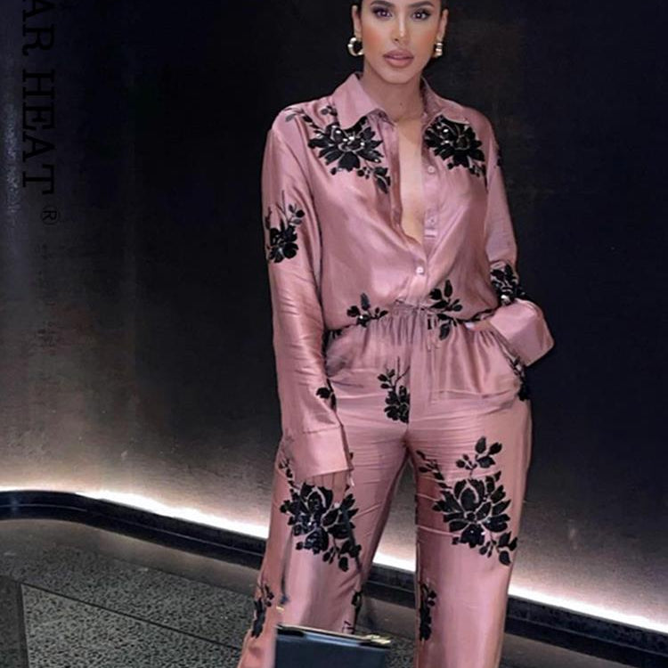 Woman 2 Pieces Shirts Pants Suit 2024 New Fashion Printed Blouses Tops Straight Trousers Set Female Casual Single Breasted Shirt
