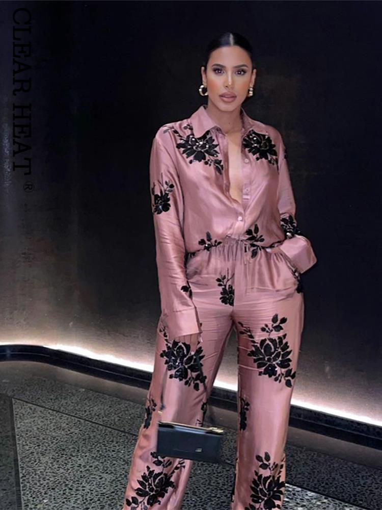 Woman 2 Pieces Shirts Pants Suit 2024 New Fashion Printed Blouses Tops Straight Trousers Set Female Casual Single Breasted Shirt