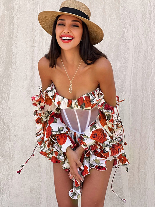 Rödtryckt sexigt perspektivshow midja spets långärmad miniklänning för kvinnor Sommar strandklänningar Vestidos