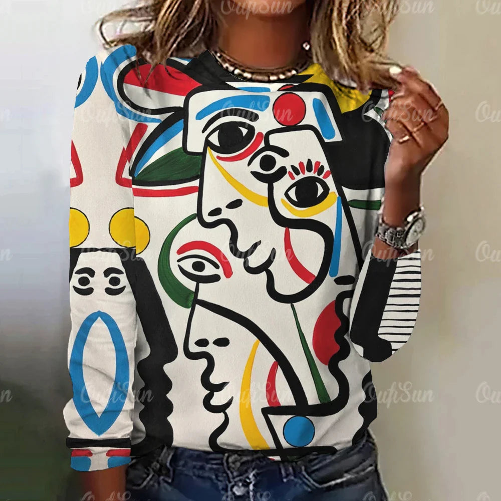 Autumn Funny Face Painting Women's Long Sleeve Top T-Shirts Girls Harajuku Colorful Gothic Tee Oversized Female Fashion Clothing W010203-SM10555