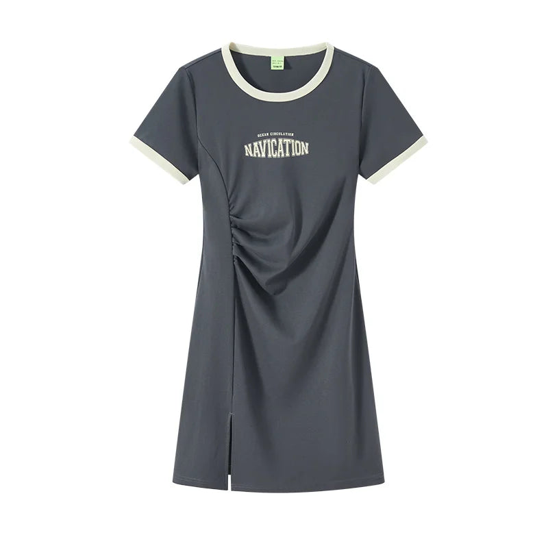 Semir Dress Women Slit to Show Long Legs and Slim Fit 2023 Summer New Contrasted Color Retro Letter Knitted Dress dark gray