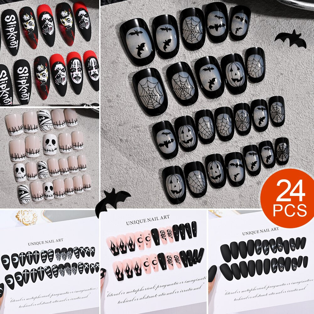 Press on Nails Halloween Medium Length Coffin Black Fake Nails Scary Mask Face Nail Tips Halloween Design 3D Glossy Acylic Nails