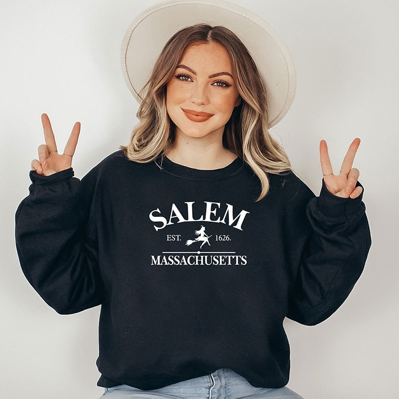 Salem Massachusetts Funny Halloween Womens Sweatshirt O Neck Graphic Hoodies Witch Graphic Tops 2000s Grunge Clothes Female Tops Black