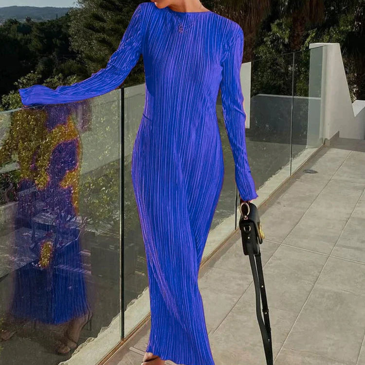 Autumn Striped Ruched Ruffle Sexy Y2K Clothes Long Sleeve Bodycon Midi Dresses For Women Club Party Elegant Outfit Blue