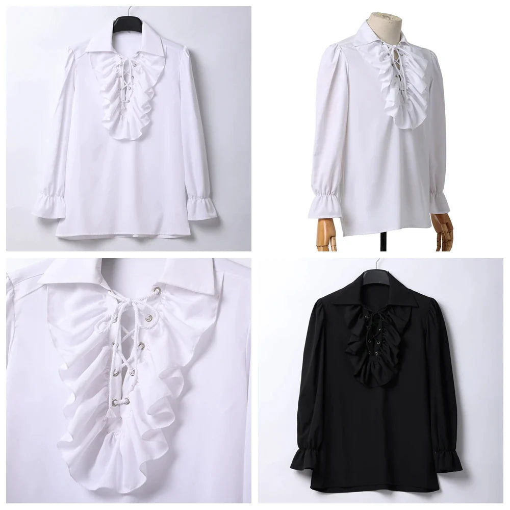 Men Pirate Shirt Vampire Prince Poet Shirts Medieval Buccaneer Frills Lace Up Renaissance Vintage Gothic Viking Blouse Tops