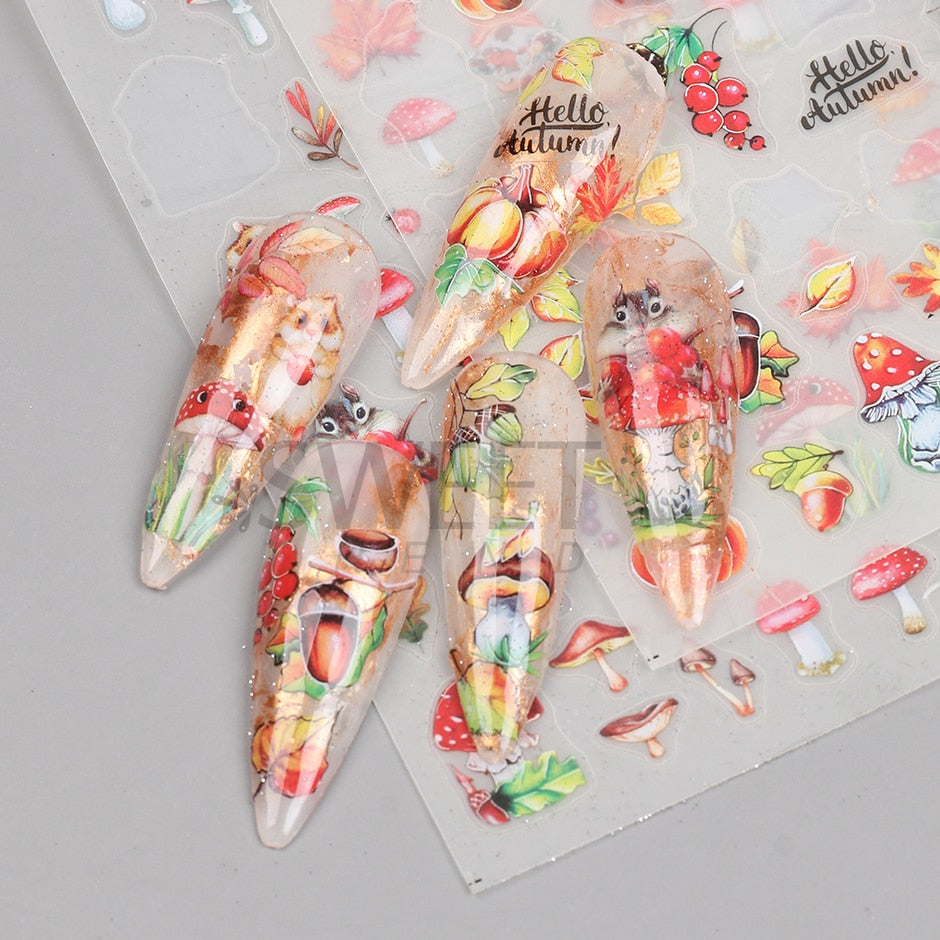 Snow Bird Winter Autumn Nail Art Stickers Maple Leaf Cotton Flower Fall Design Line Adhesive Sliders Manicure Decoration JINO-48