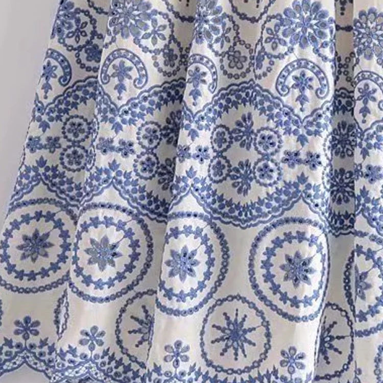 TRAF Women Fashion Cutwork Embroidery Smocked Midi Dress Vintage Backless Ruffled Straps Female Dresses Vestidos Mujer