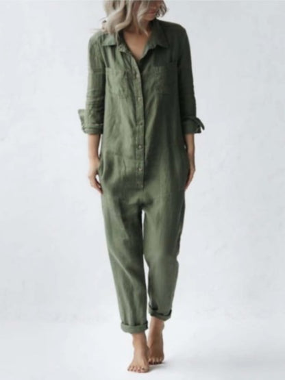 Salopette Vintage en coton pour femmes, combinaisons de printemps à manches longues, boutons, tenue une pièce, tunique Chic, combinaison verte surdimensionnée 