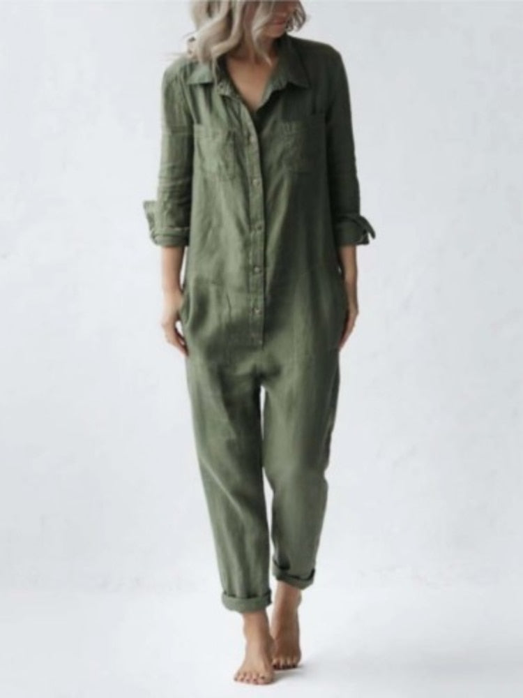 Vintage Cotton Overalls Mujer Mulheres Jumpsuits Spring Long Sleeve Botões One Piece Look Chic Tunic Oversized Green Jumpsuit