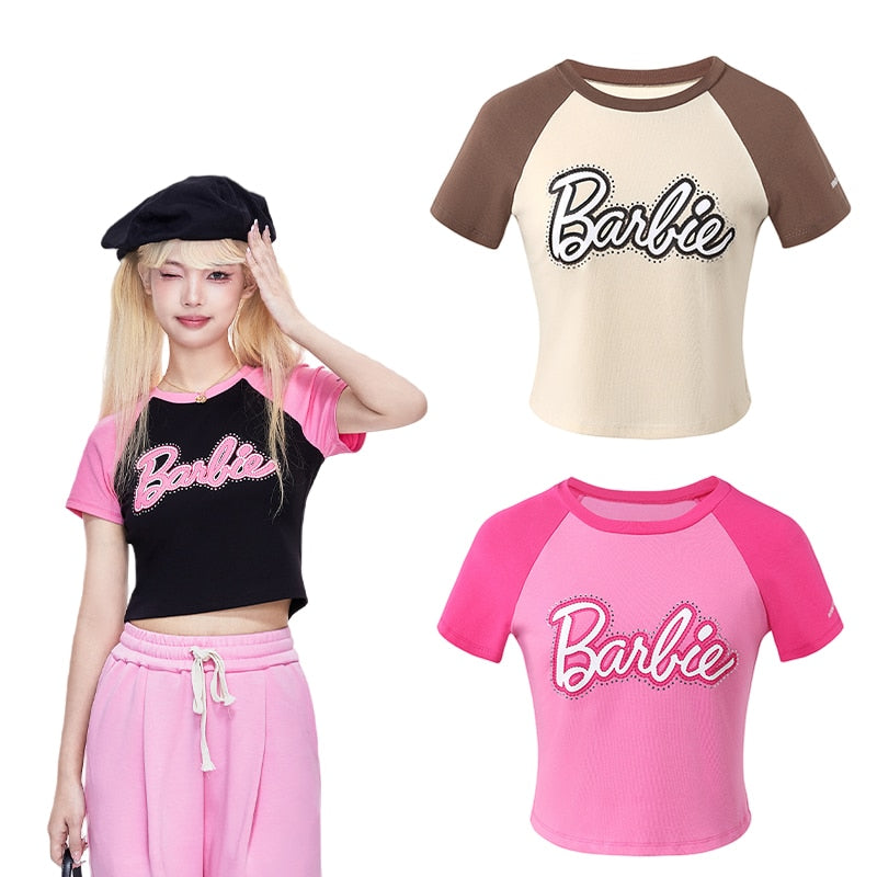 Underpass X Barbie Print Hot Drill Navel Slim Fit Contrast Short-Sleeved T-Shirt Y2K Girls Skinny Short Sleeves Fashion Soft Top