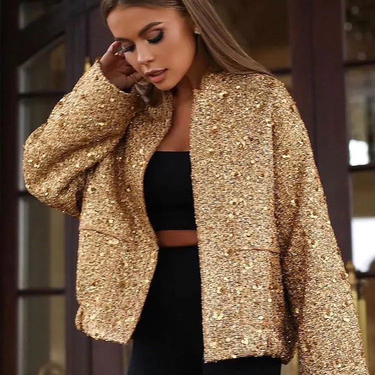 TRAFZA Woman Button Long Sleeve Jacket With Pockets Autumn Chic Outwear Women Sequin Shinny Gold Coat Fashion Streetwear Elegant