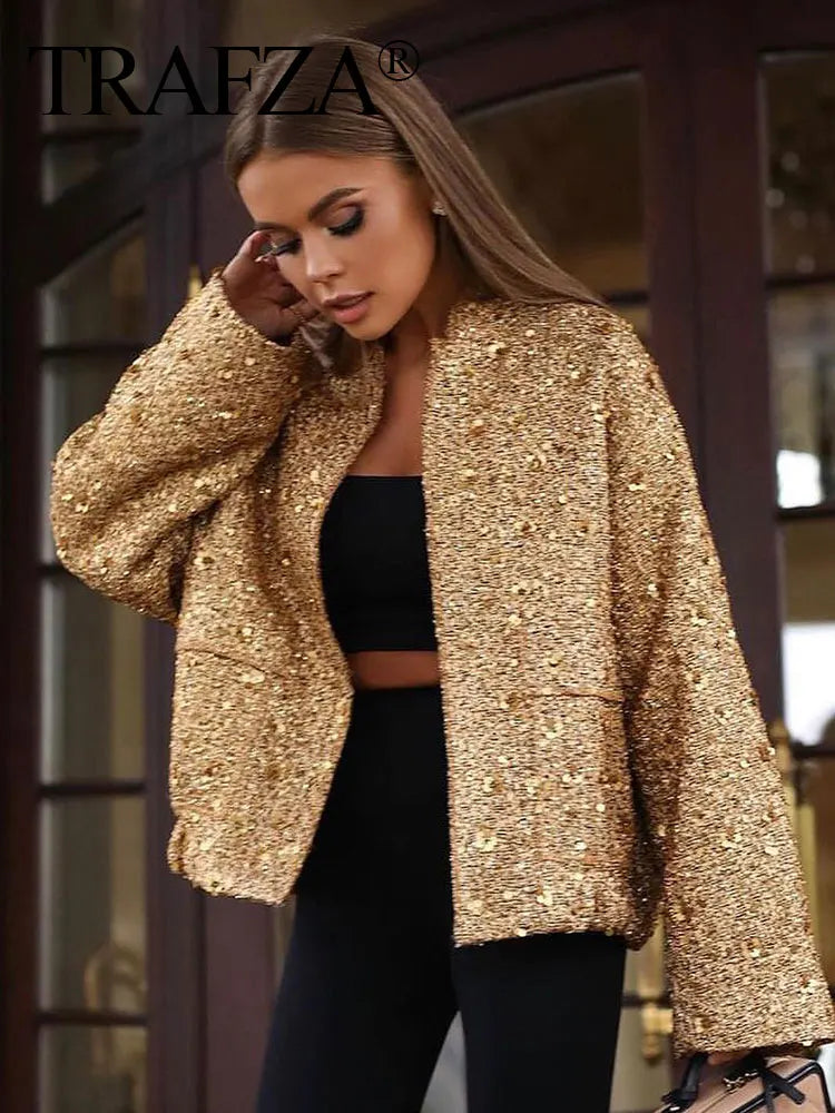 TRAFZA Woman Button Long Sleeve Jacket With Pockets Autumn Chic Outwear Women Sequin Shinny Gold Coat Fashion Streetwear Elegant