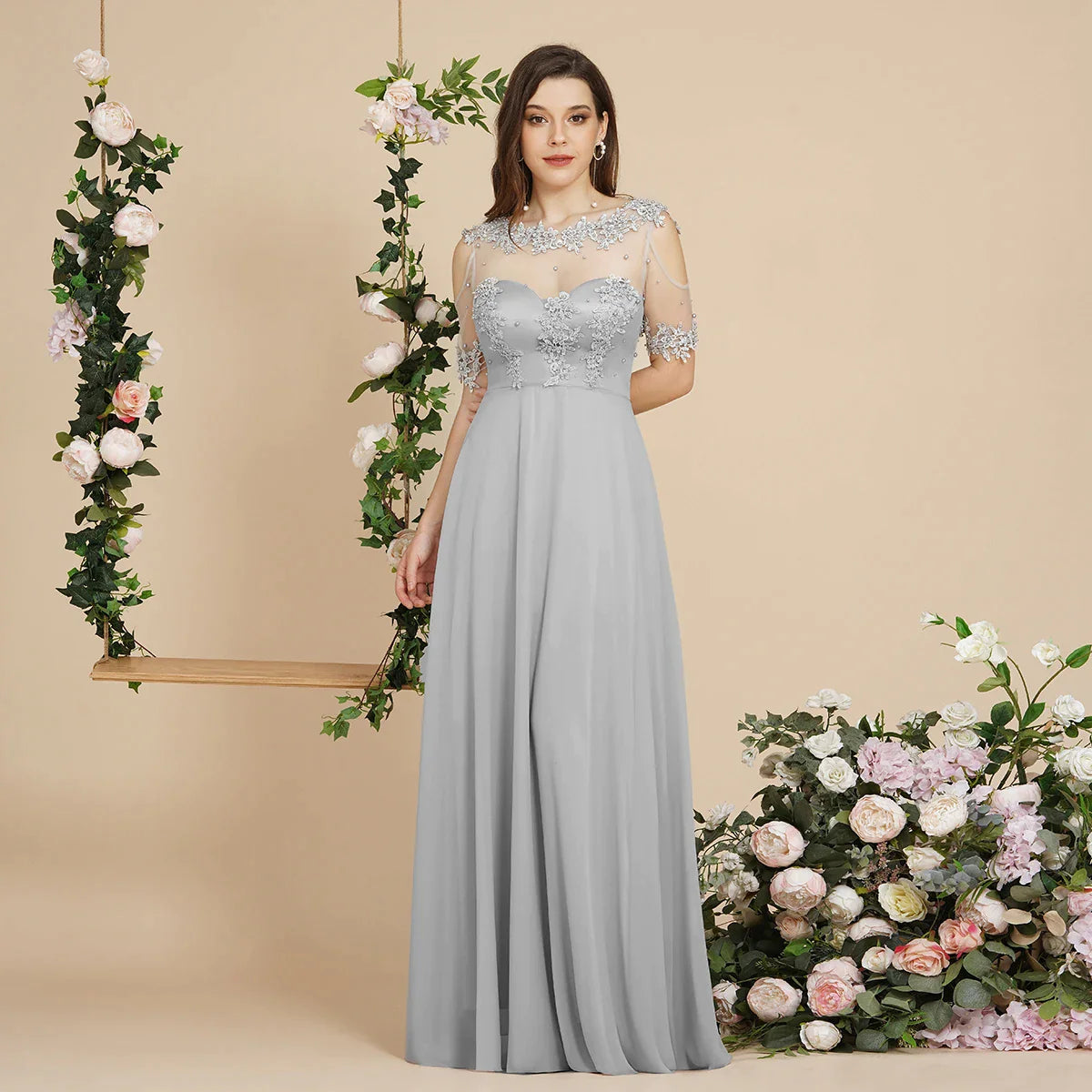 Bridesmaid Dress Pearl Beads Illusion Short Sleeve Boho Formal Party Guest Gowns Chiffon A Line Dresses Women Sliver